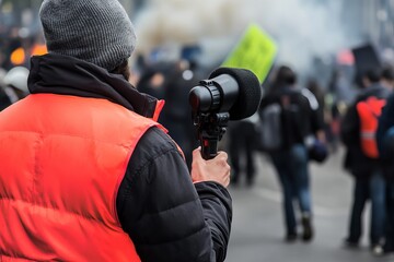 Individual in bright orange vest holds microphone at protest scene, surrounded by crowd with signs, capturing the energy of social activism and public demonstration
