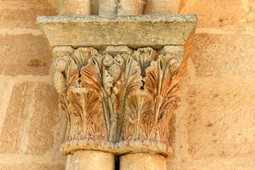 Romanesque Carved Capitals and Columns at San Esteban Church, Moradillo de Sedano, Burgos, Castile and Leon, Spain
