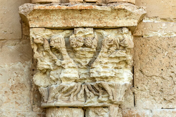 Romanesque Carved Capitals and Columns at San Esteban Church, Moradillo de Sedano, Burgos, Castile and Leon, Spain