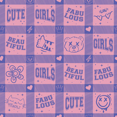 Girls seamless pattern with calligraphic slogan, hearts, words  . background for texylie, graphic tees, kids wear. Wallpaper for teenager girls. Fashion style