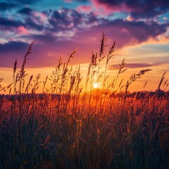 Fototapeta premium Serene Sunset Over Tall Grass Under a Colorful Sky at Dusk