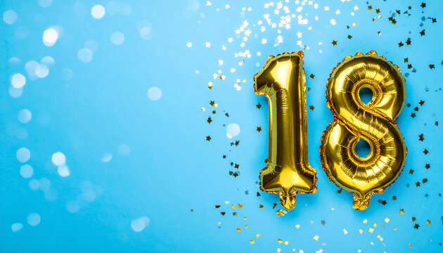 Banner with number 18 golden foil balloon. Anniversary celebration. Blue backdrop with bokeh.