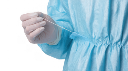 Close up of doctor's hand wearing latex gloves tying protective sterile gown, ensuring hygiene and safety in medical environment with transparent background