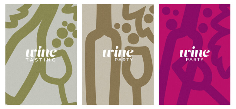 hand-drawn wine event invitations – retro minimalist vector posters with textured backgrounds