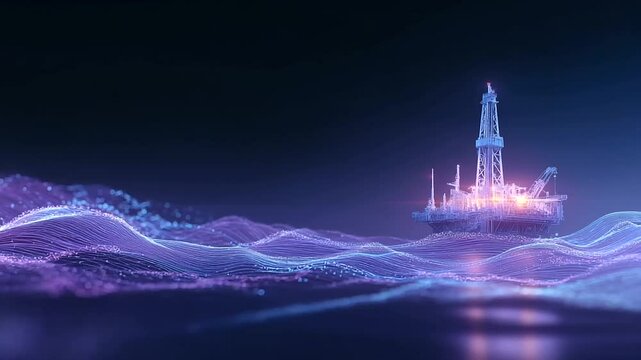 Futuristic oil rig showcasing holographic data displays and efficiency analytics.