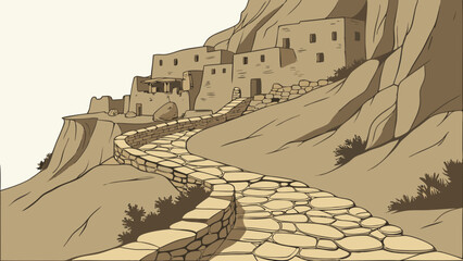 Naklejka premium Stone pathway winds through hillside town, leading to ancient structures nestled in rocks