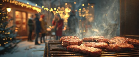 The sizzling steaks on the grill during a festive winter gathering.