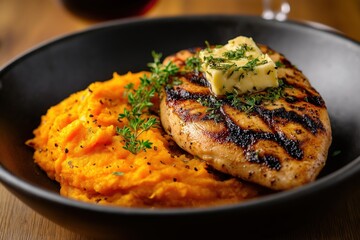 Grilled chicken breast topped with melted herb-infused butter served alongside creamy sweet potato mash