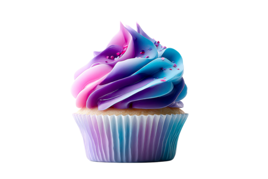 Colorful cupcake with swirled frosting on transparent background