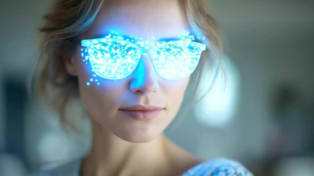 A woman explores a futuristic holographic floorplan using augmented reality technology.