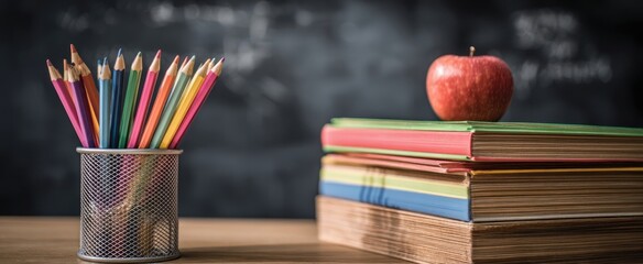 The vibrant pencils and books with a classic apple on a classroom desk.