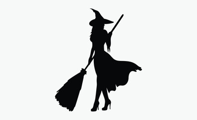 witch silhouette icon, halloween broom vector, spooky witch hat design