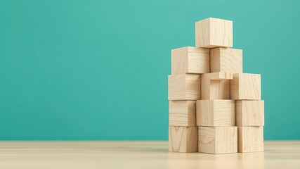 Stack of Light Colored Wooden Toy Cubes Balanced on Top of Each Other with a Clean Solid Background