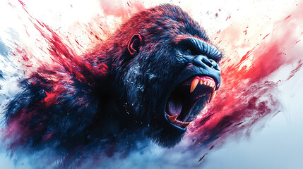 Fierce gorilla roaring amidst colorful abstract splashes, showcasing power and intensity © Anita