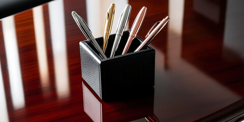Metallic Pens in Black Holder on Wooden Desk

