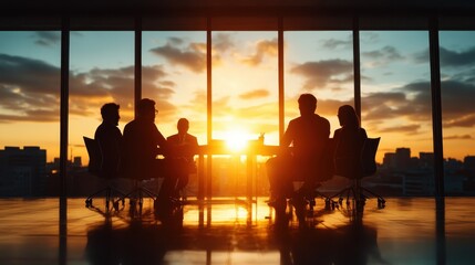 Silhouettes of business professionals gathered around a table against a breathtaking sunset, symbolizing teamwork and decision-making in a dynamic corporate environment.