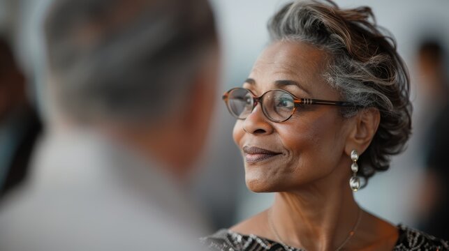A sophisticated elderly woman with short silver hair, fashionably dressed, exuding confidence and charm while engaging in a conversation.