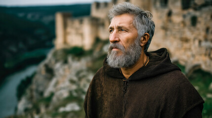 Ancient warrior with grey hair and beard wearing brown tunic in cinematic movie style, dramatic intense scene.