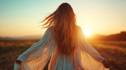 A woman stands with her back turned towards a stunning sunset, her long hair flowing freely in the breeze, evoking feelings of freedom and connection with nature in a serene atmosphere.