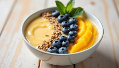 Fresh and Colorful Smoothie Bowl with Blueberries, Mangoes, Seeds, and Mint on Wooden Table