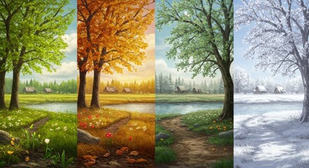 Four seasons landscape with river and cabins, spring, summer, autumn, winter