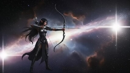 A cosmic archer with flowing hair aims her bow towards a distant star in a vibrant galaxy backdrop
