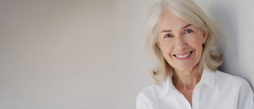 The smiling elderly woman radiates warmth and joy in a modern setting.
