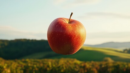 An apple in the air against the background of green hills at sunset.A ripe red apple with dew drops floats in the air against the backdrop of picturesque hills and golden sky.