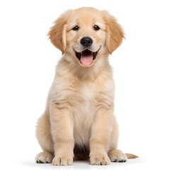 Fototapeta premium Adorable golden retriever puppy sitting white background