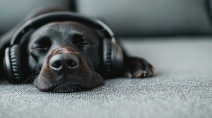 An adorable black dog peacefully sleeping on a cozy couch while wearing headphones, embodying the essence of relaxation, comfort, and the bond between pets and humans in a home setting.