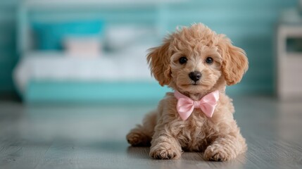 Obraz na płótnie Canvas A charming fluffy puppy wearing a pink bowtie, set against a soft blue indoor backdrop, radiating cuteness, innocence, and the joy pets bring into our lives and homes.