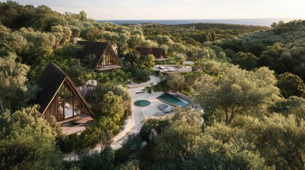 Bird's eye view of a flat 40-acre lush olive tree grove on the Greek island of Zakynthos, showcasing a harmonious arrangement of different-sized A-frame log houses with large glass windows
