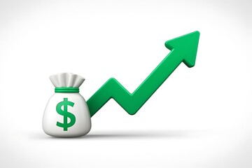 A white money bag with a green dollar sign sits beside a vibrant green upward trending arrow suggesting financial growth and wealth increase a 3 D rendering on a white background