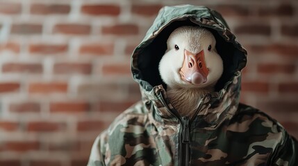 A whimsical goose wearing a camouflage jacket, standing in front of a brick wall, bringing humor and creativity to the interpretation of animal fashion and personality.