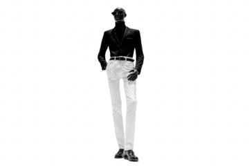 Full shot of a man in black and white tailored attire