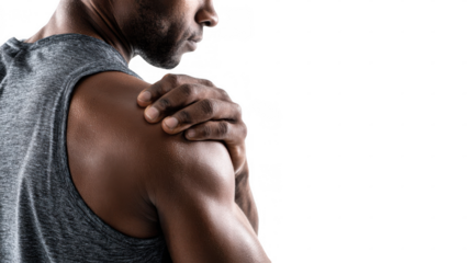 Muscular male athlete is grabbing his sore shoulder, experiencing pain and discomfort after intense workout or sports injury, isolated on transparent background