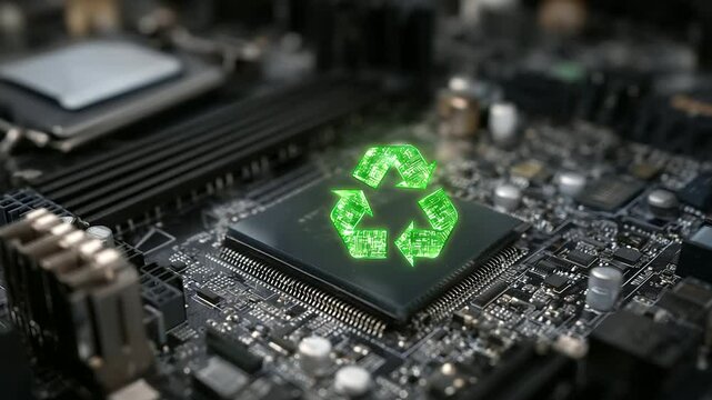 Highly detailed image of a motherboard where a luminous green recycling icon replaces the central processor, symbolizing eco-efficiency and sustainable innovation