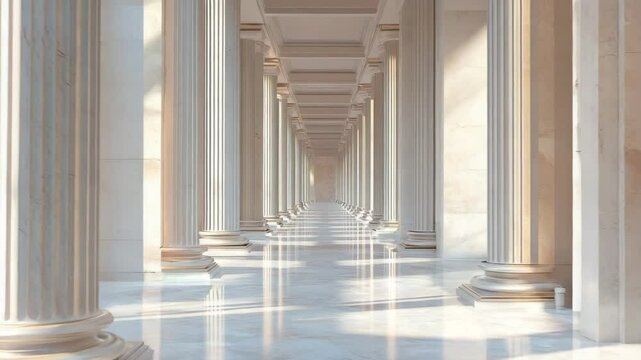 elegant corridor interior with marble floors tall columns soft uplighting creating dramatic perspective no people highlighting textures and shadows