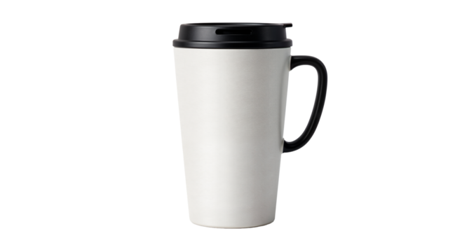 White ceramic travel mug with black lid and handle for beverages, transparent background, isolated image. The concept of travel.  
