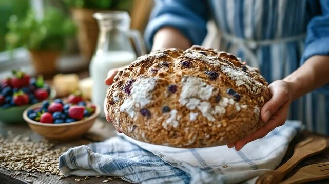 Homemade bread placed on table by woman&rsquo;s hands, surrounded by wholesome breakfast elements like fresh fruit, milk, and wooden utensils