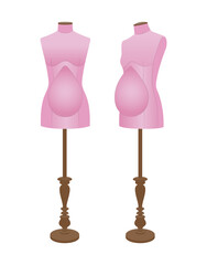 Realistic vector illustration of pregnant tailor mannequins for sewing maternity clothing. Female dress forms with baby bump for fashion design and garment fitting.