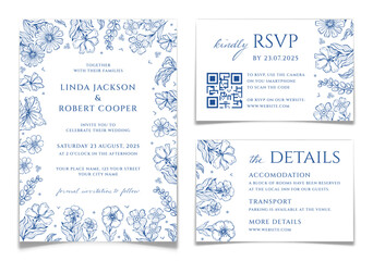 Wedding Invitations Set in Blue Floral Toile Style