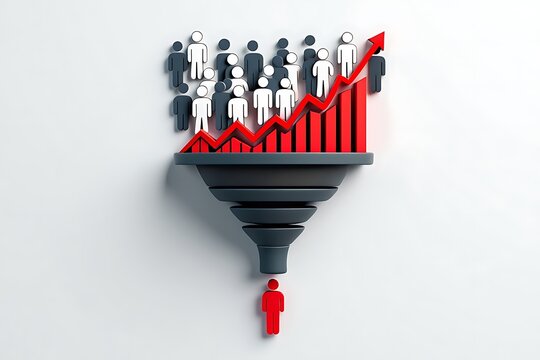 Sales Funnel Concept 3 D Render Gray Funnel Red Bar Graph White Black Figures Rising Upward Single Red Figure Below Marketing Business Growth Strategy Data Visualization