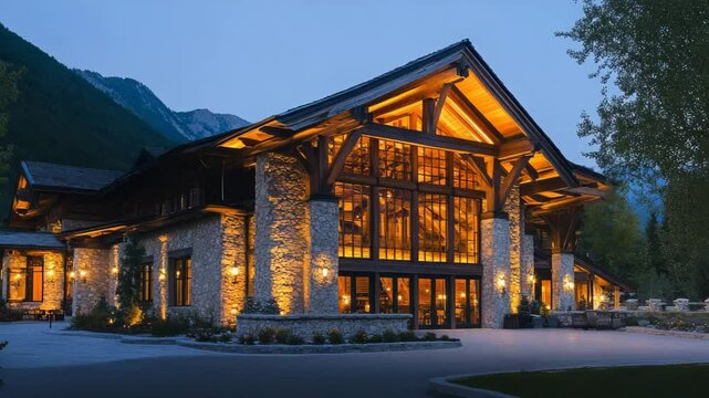 Elegant mountain lodge exterior with timber beams, stone fa&Atilde;&sect;ade, and large lit windows glowing warmly