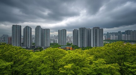 Urban skyline framed by lush greenery under a dramatic sky