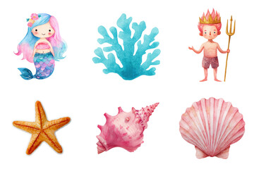 Watercolor illustration of a mermaid Neptune starfish coral and seashells on transparent background