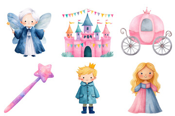 Watercolor Illustration of Fairy Godmother Prince Princess Castle Carriage Wand transparent background