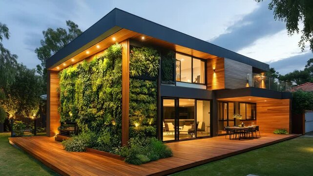 Exterior of eco house with vertical garden timber cladding and deck lighting shown with even lighting and architectural clarity