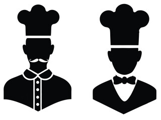 Two chef icons showcase culinary professionals wearing uniform and toque in a silhouette style