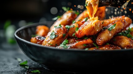This appetizing image features beautifully glazed chicken bites, emphasizing their crispy texture and rich flavors, perfect for sharing at gatherings and enjoying during festive occasions.
